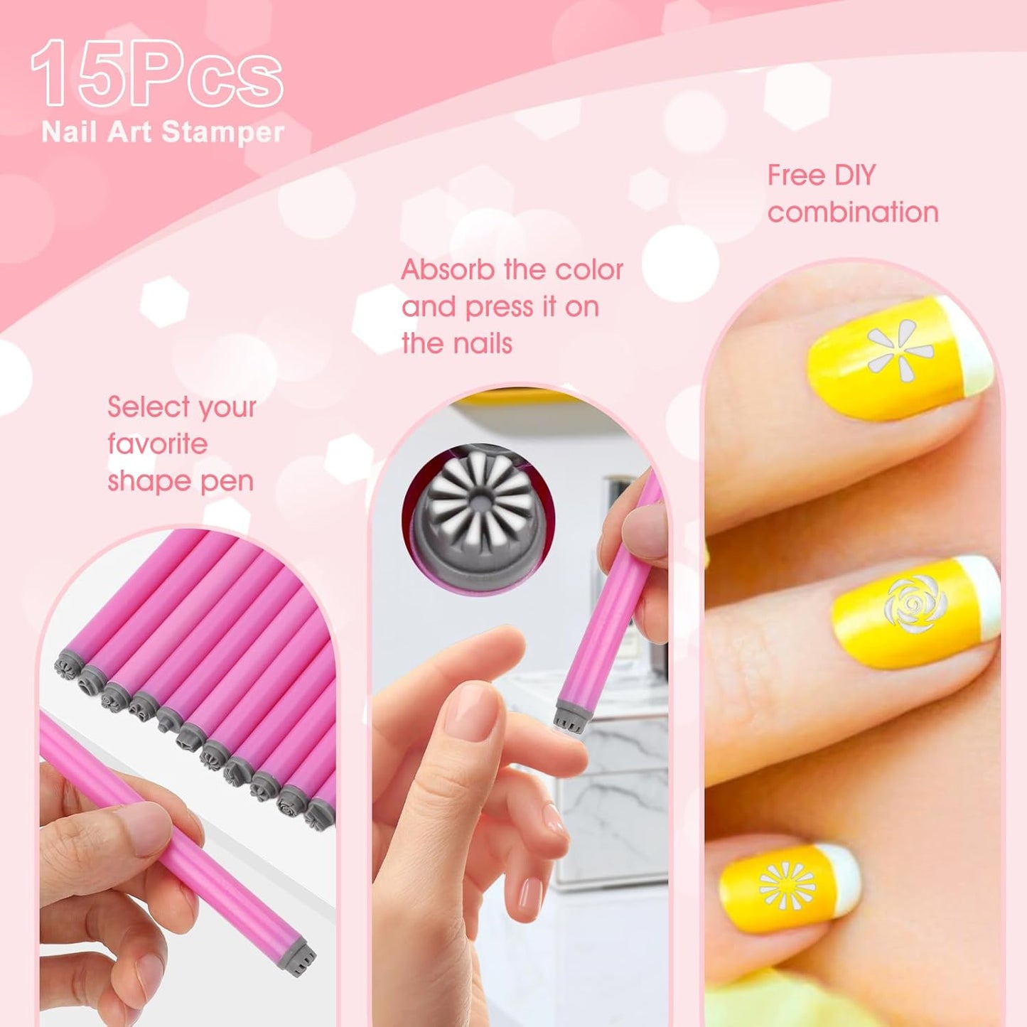 Nail Art Stamp Pen Set - 15pcs Professional Nail Stamping Kit with Floral Patterns, Silicone Tools for DIY Nail Art Designs for Beginners Women Girls (15Pcs Set)
