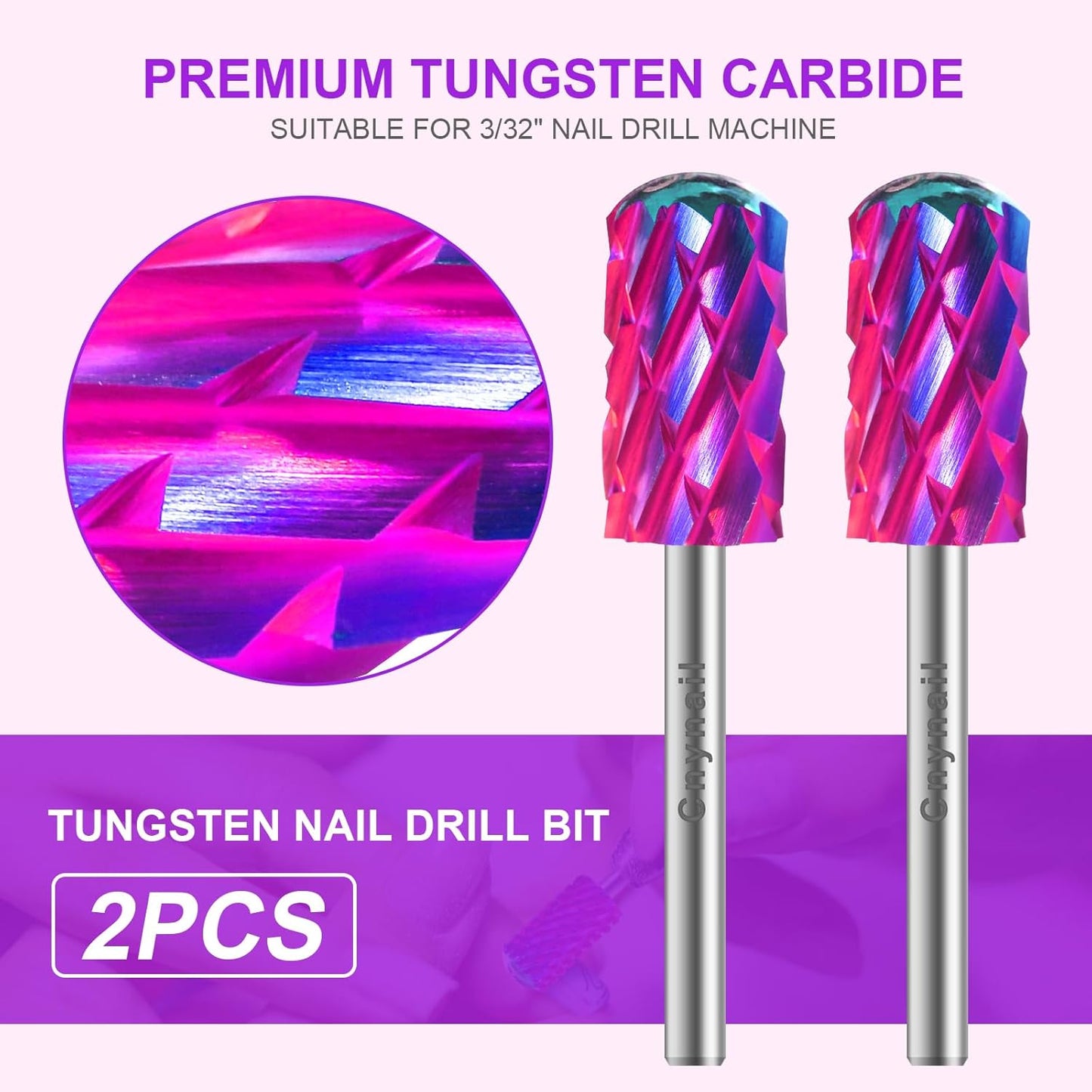 3/32" 2PCS Large Barrel Smooth Round Top Tungsten Carbide Nail Drill Bit Safety Bit for Gel & Acrylic Removal, Right Way Rotating Efile Tip, Salon Electric File Accessory (5XC Grit, Purple)