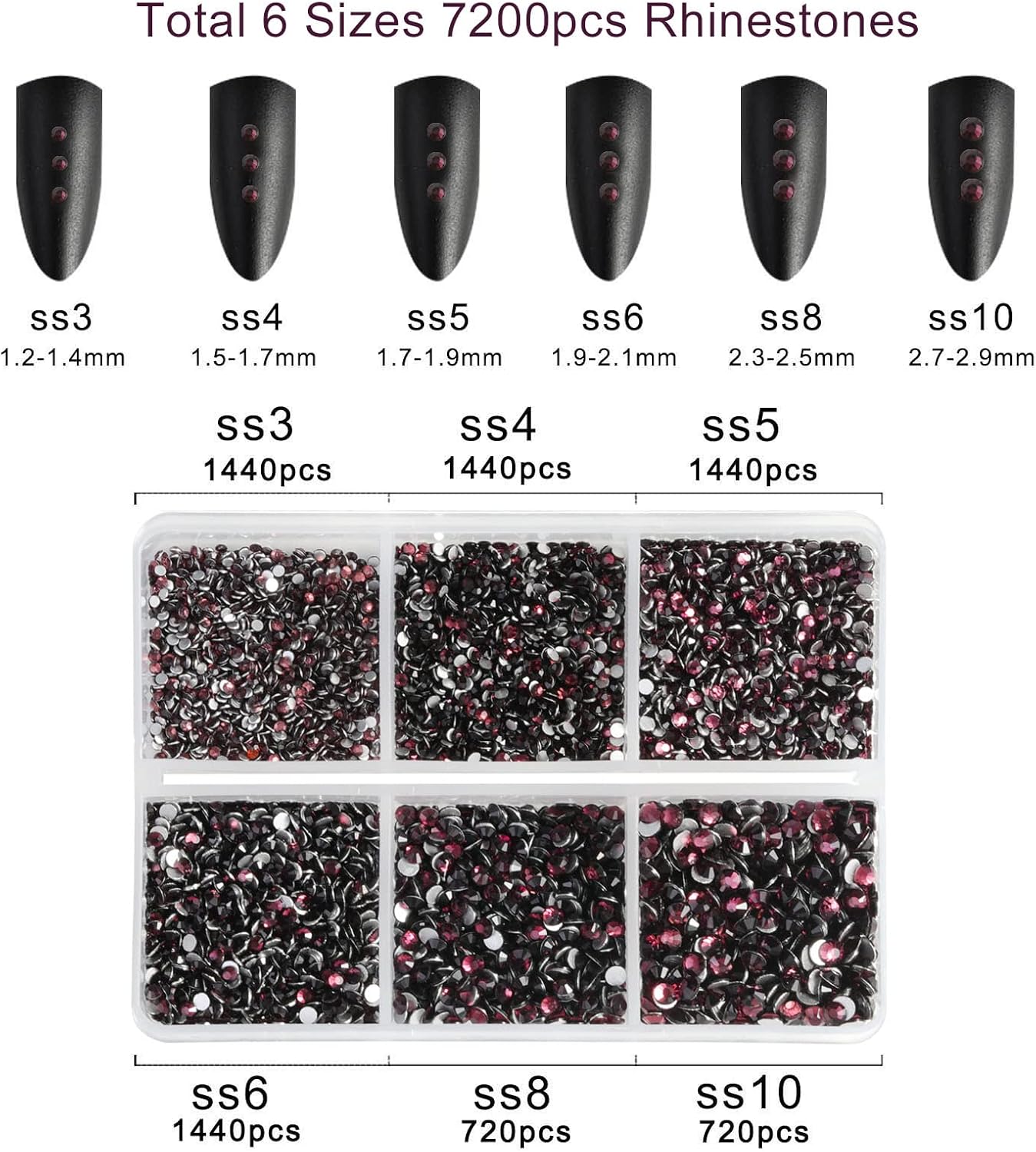 Beadsland 7200pcs Flatback Rhinestones,Burgundy Rhinestone Nail Gems Round Crystal Rhinestones for Crafts,Mixed 6 Sizes with Wax Pencil Kit, SS3-SS10,Amethyst