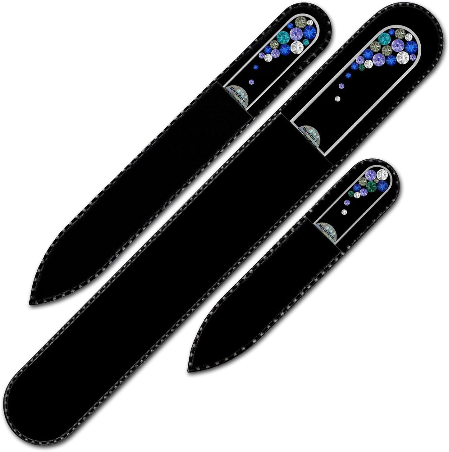 Mont Bleu Set of 3 Glass Nail Files Hand Decorated with crystals - in Black Velvet Sleeve - Genuine Czech Tempered Glass - Handmade Crystal Nail Files
