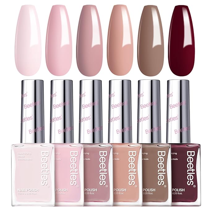 Beetles Fall Nail Polish Set Coconut Mousse 6 Colors, Nude Nail Polish Quick Dry Long Lasting Neutral Brown Red Pink Lacquer Glossy for Christmas Women Salon DIY Nail Art