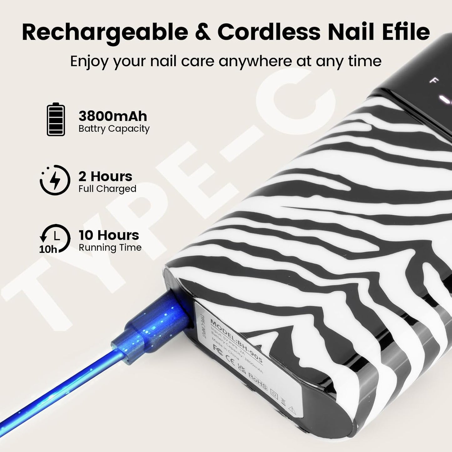 Lavinda 35000RPM Electric Nail Drill, Cordless Nail Drill Machine Portable Rechargeable Nail Efile for Acrylic Gel Nails, Manicure Pedicure Polishing Shaping Tool for Salon Home Use-Zebra Pattern