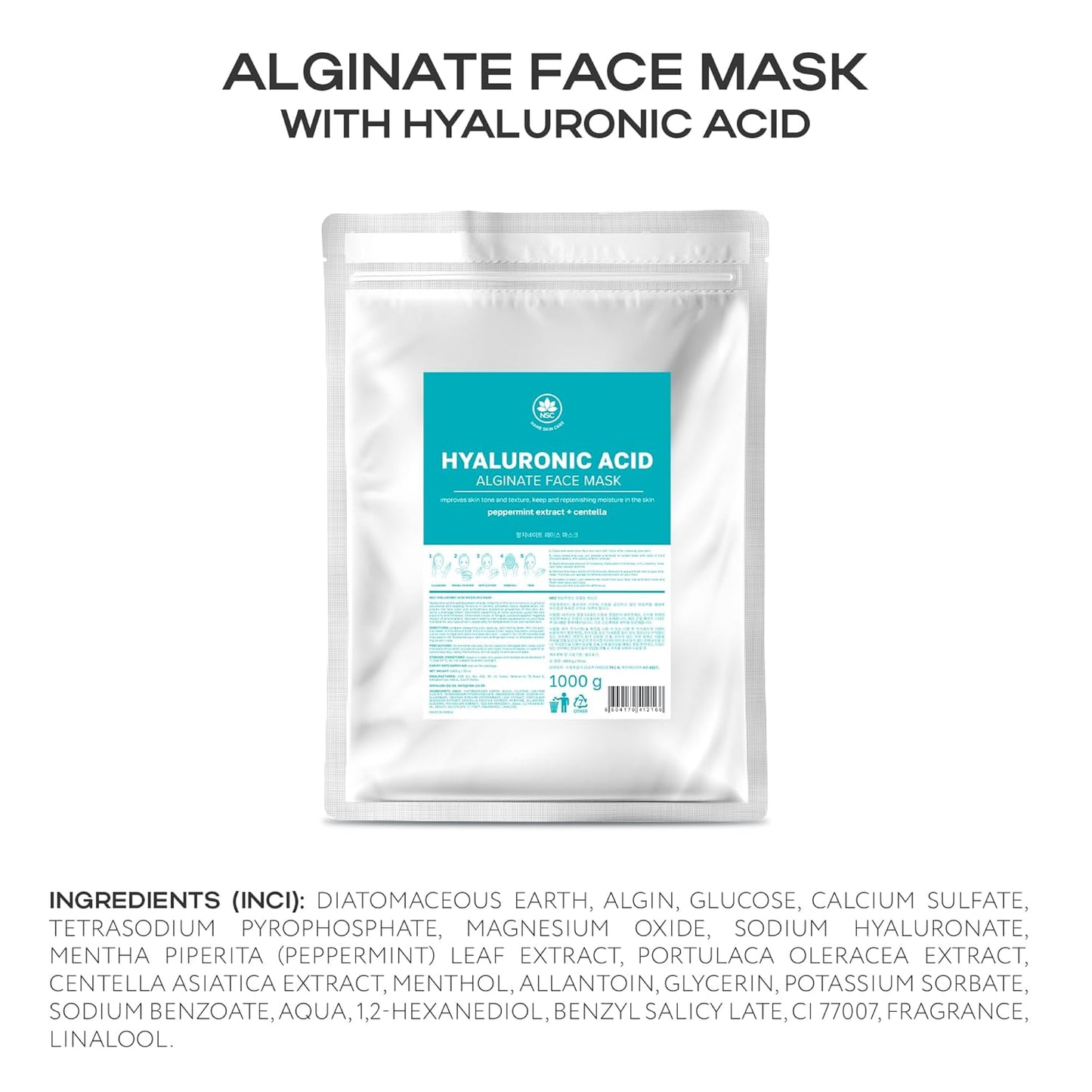 Name Skin Care Alginate Powder Face Mask with Hyaluronic Acid - 2.2lb, 40 Applications - Peel Off Korean Beauty Natural Fascial Skincare - Hydrating Moisturizing Exfoliating Brightening Peeling Kit