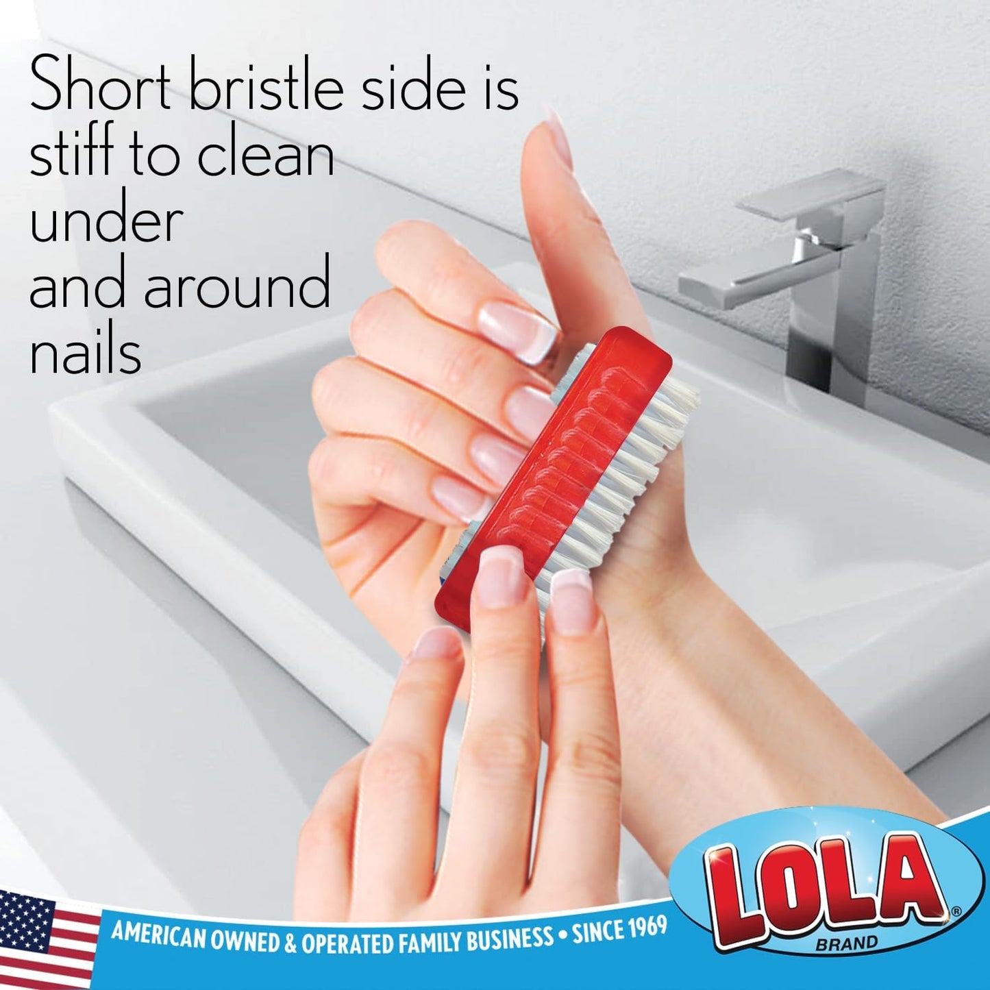 LOLA Classic Hand & Nail Brush, 2 Sided - 3 Pack, Soft & Stiff, Long-Lasting, Comfortable No-Slip Grip, Cleans Hands & Fingernails, Red