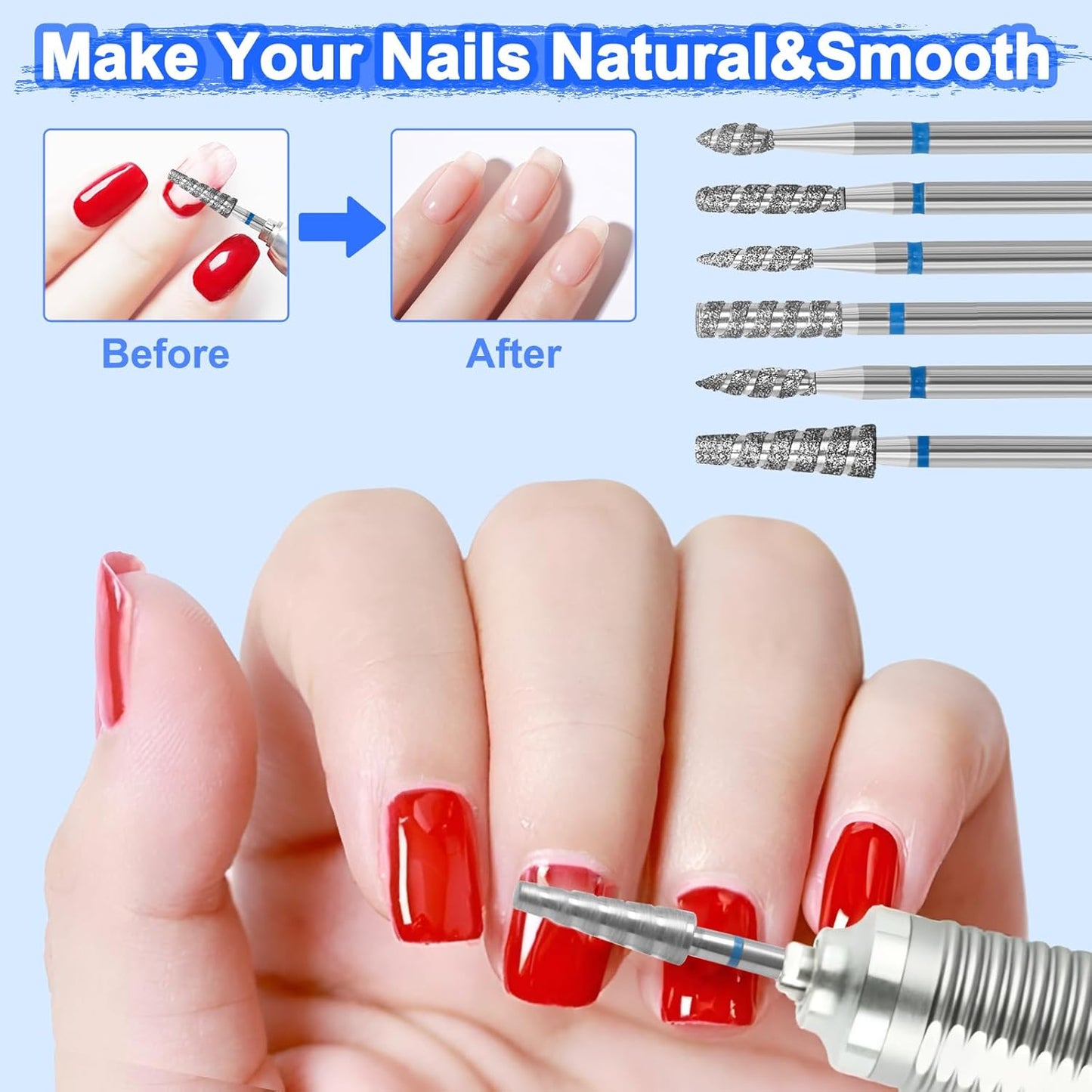 Diesisa 6 Pack Nail Drill Bits for Acrylic Nails, Diamond Carbide Nail Clipper Heads with Diamond Spiral Grooves, 3/32 Inch Cutter Attachment for Nail Preparation, Cuticle and Dead Skin Removal-Blue