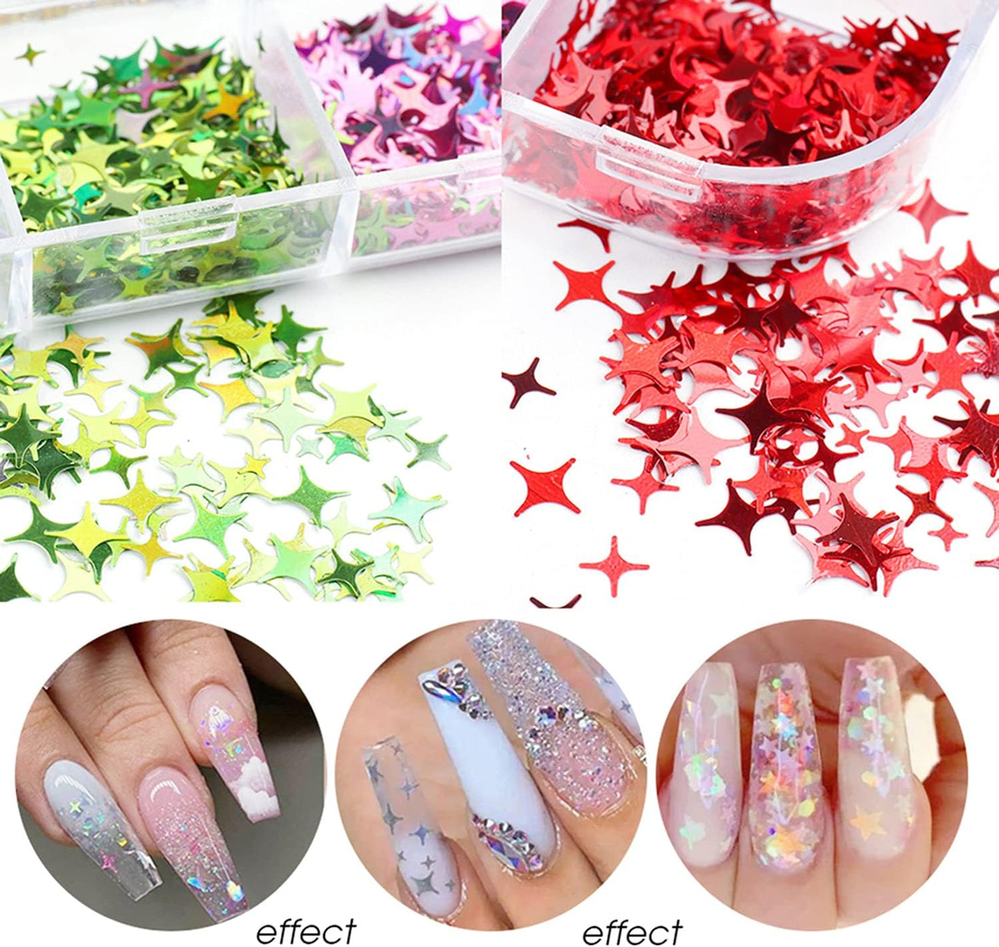12 Colors Star Nail Art Stickers Glitter Four-Pointed Star Flakes Nail Art Sequins Paillette Confetti Holographic Laser Shining Gel Colorful Nails Decoration DIY Acrylic Nail Supplies Manicure Tips