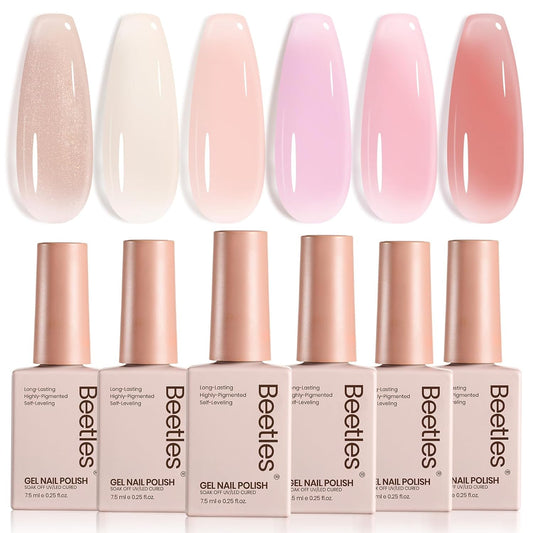 Beetles Nude Gel Nail Polish Set - 6 Colors Nude Pink Jelly Gel Polish Kit Neutral Shimmer Translucent Sheer Gel Soak off Uv Nail Concealer French Nail Art Manicure Gift for Women