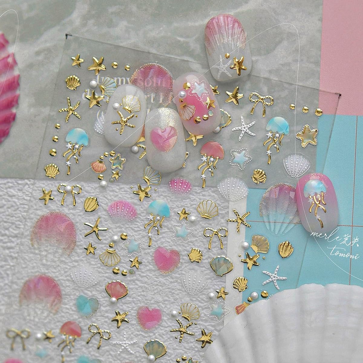 1 Sheets Summer Beach Nail Stickers for Nail Art 5D Embossed Nail Decals Shiny Silver Star Bow Seashell Starfish Design Ocean Theme Nail Art Stickers Summer Nails Sticker for Women Manicure Decoration