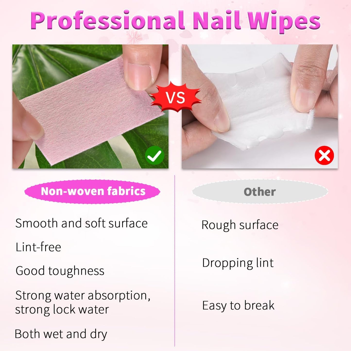 Lint Free Nail Wipes,450 Pcs Nail Cleaning Pads for Nail Art,Nail Polish Remover(Pink)