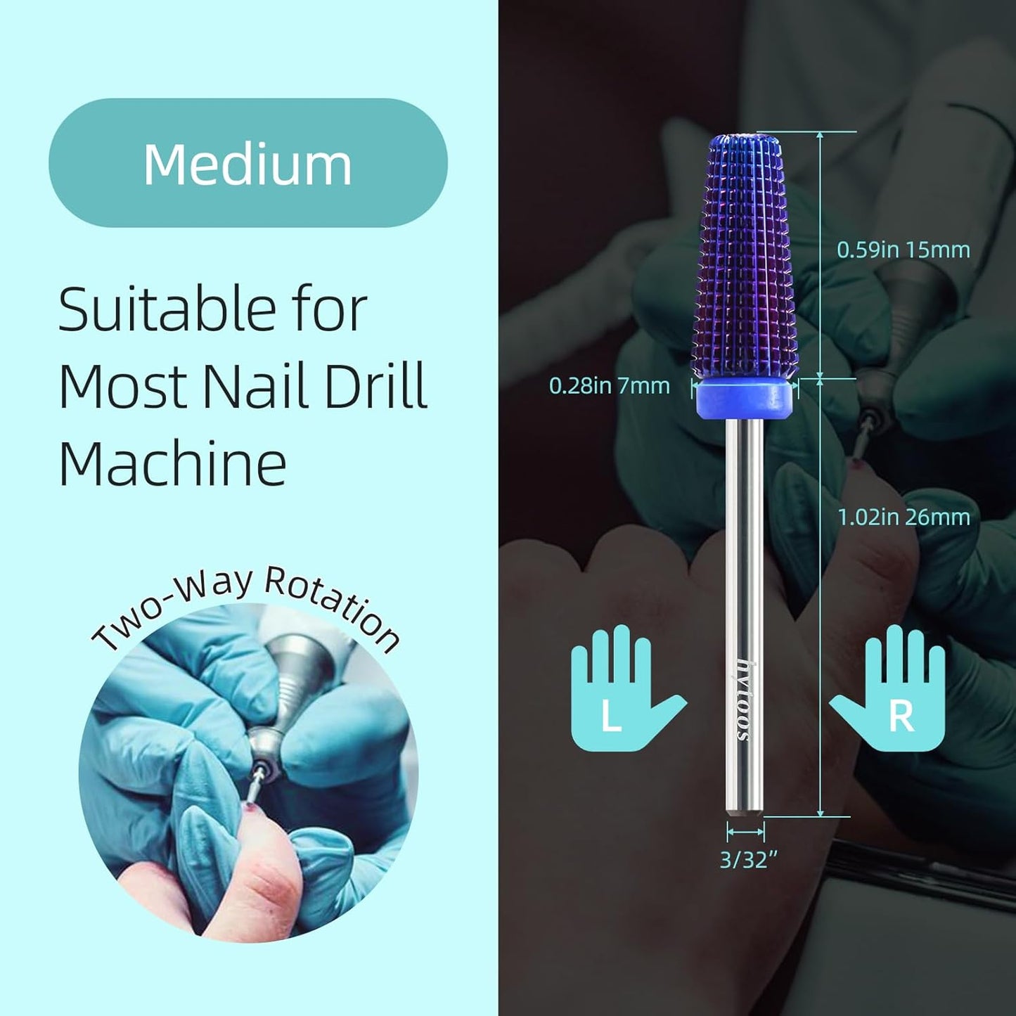 Purple 5 in 1 Nail Drill Bit, 15mm Tapered Carbide Nail Bits, Professional Straight Cut Drill Bits for Nails, 3/32" Two-way, Electric Manicure Gel Polish Acrylic Powder Removal Tool, Medium