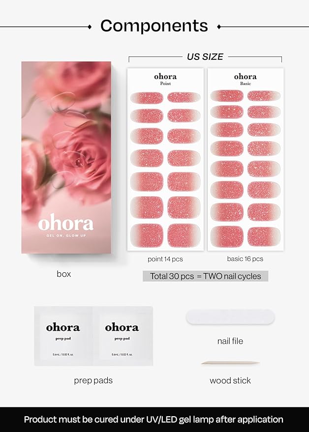 ohora Semi Cured Gel Nail Strips (N Rose Shower) - Pink, Works with Any UV/LED Lamps, Salon-Quality, Long Lasting, Easy to Apply & Remove - Includes 2 Prep Pads, Nail File & Wooden Stick