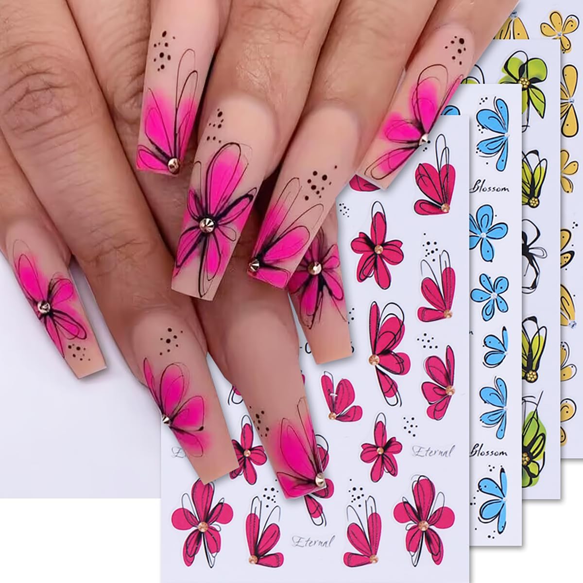8Pcs Spring Summer Flower Nail Art Stickers 3D Self Adhesive Cherry Blossom Nails Decals Colorful Hibiscus Daisy Flower Nail Stickers Cute Peach Blossom Petals Nails Art Supplies for Women Manicure
