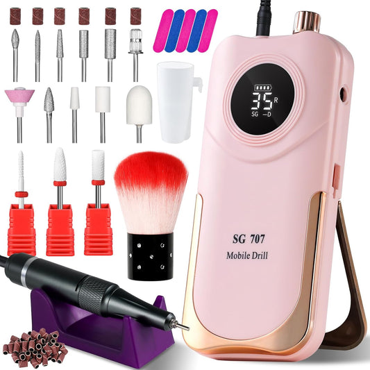 Professional Electric Nail Drill Kit 35000RPM with 14PCS Bits Pink Portable Rechargeable Cordless File Machine for Acrylic Gel Powder Nails and Manicure Pedicure Toenail Tool Salon Set