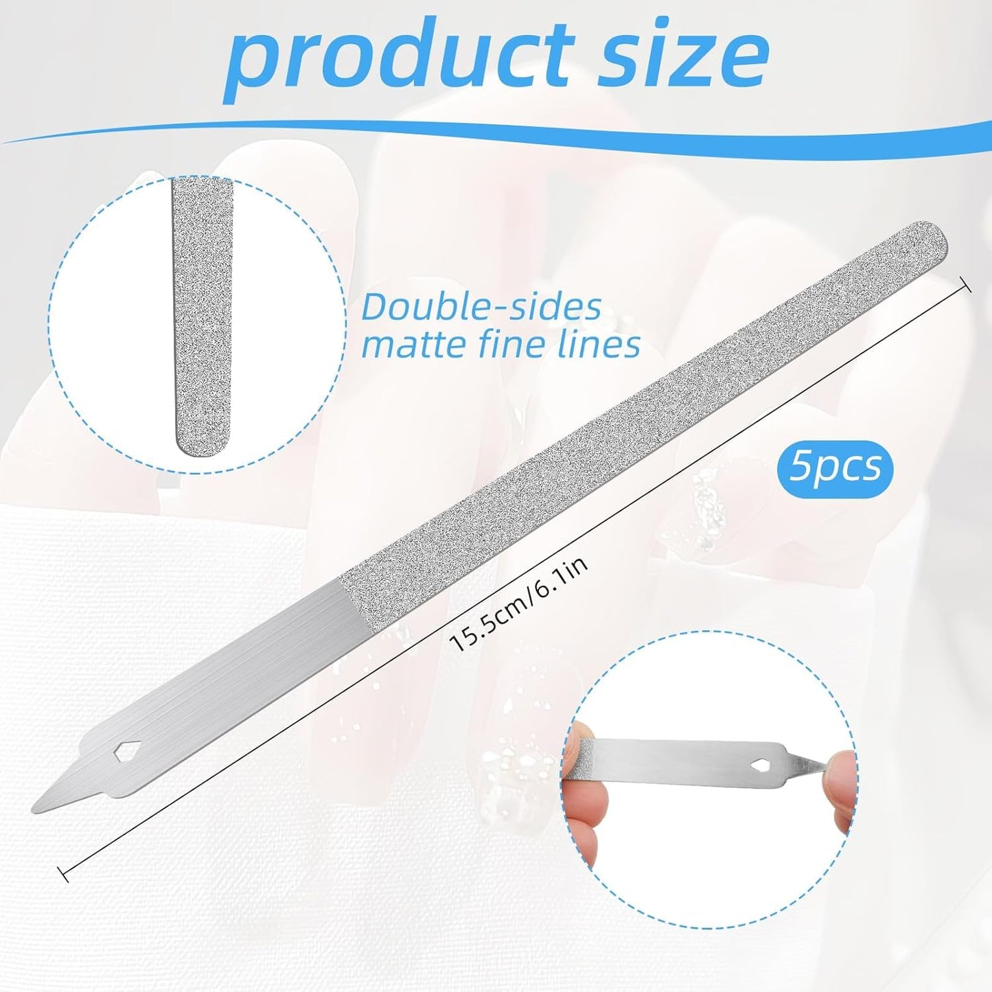 Diamond Dust Nail File, 5 Pcs Metal Nail File with Sharp Pointed Tip, Stainless Steel Nail Dresser Nail Buffering Files, Double Sided Nail File Fingernails Toenails Manicure Files for Salon and Home