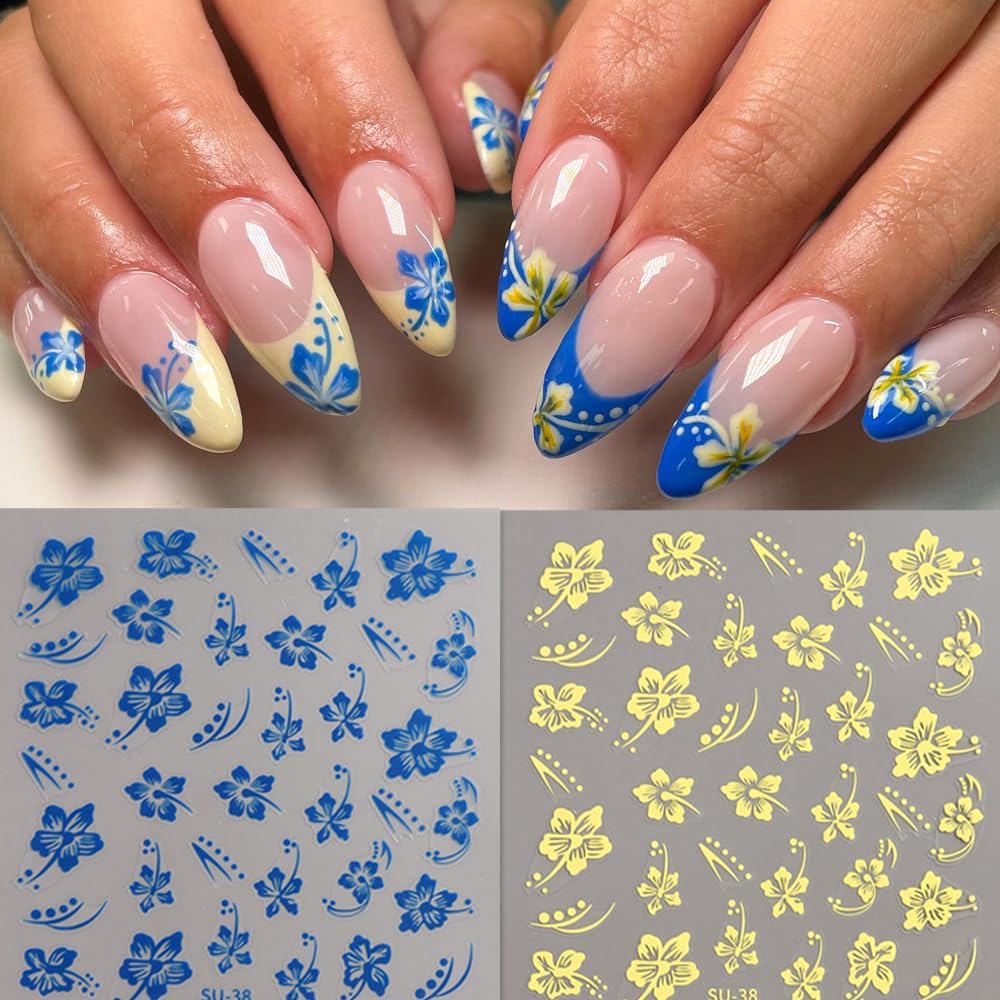 6 Sheets Flower Nail Stickers, Hibiscus 3D Self-Adhesive Nail Decals Blue Yellow White Pink Gold Floral Petal Tropical Leaf Designs DIY Manicure Supplies for Women Girls