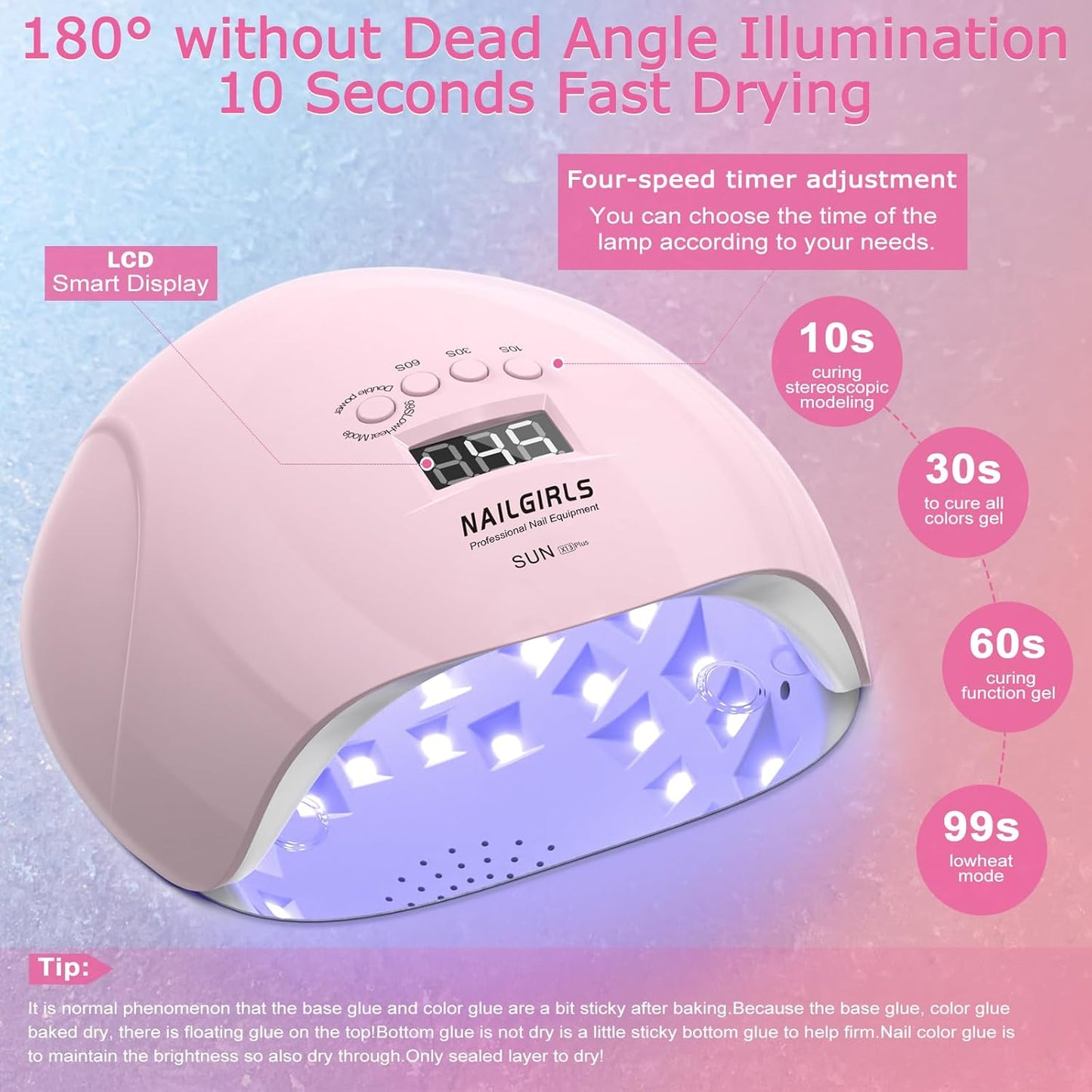 NAILGIRLS UV Nail Lamp 150W for Gel Polish, Professional Fast Curing UV Light for Gel Nails with 36pcs Lamp Beads, 4 Times with LCD Display Auto Sensor, Gift for Women Girl, Pink