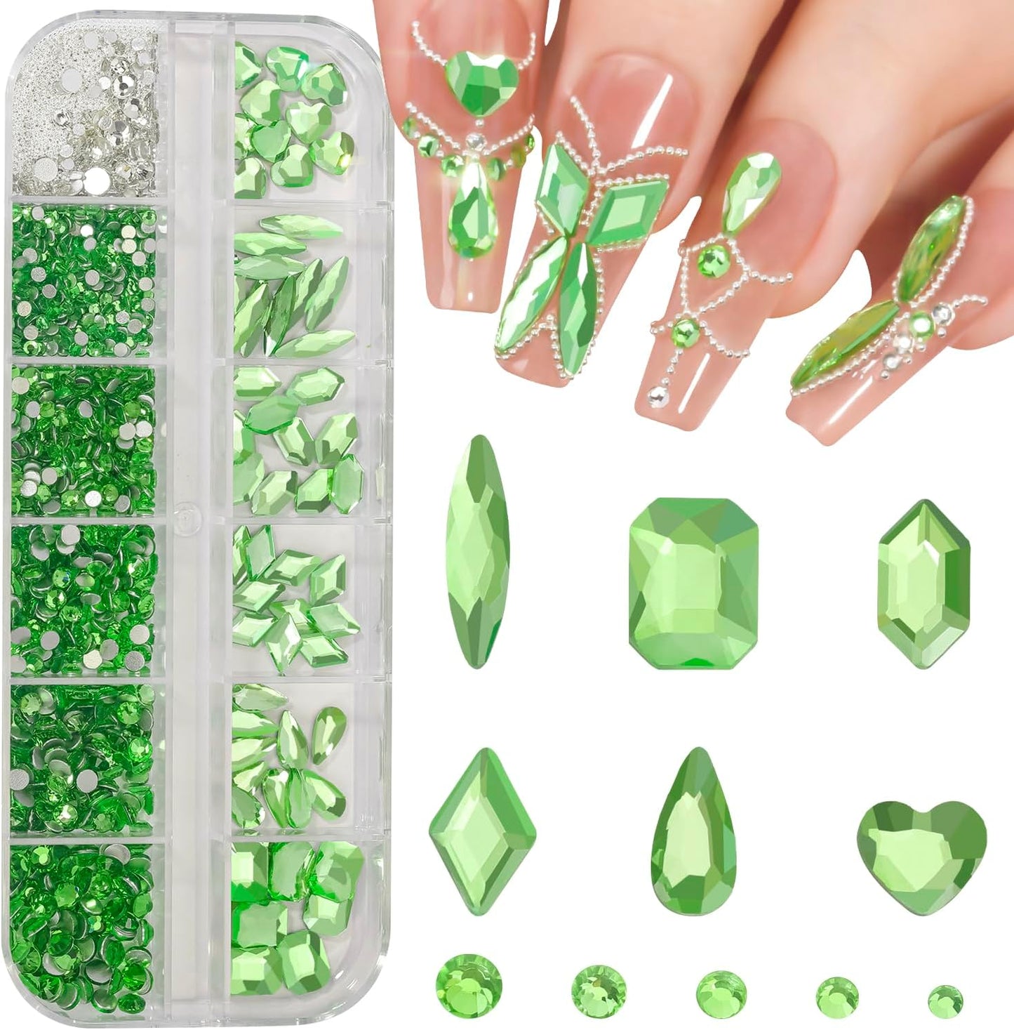 Multi Shapes Light Green 3D Glass Crystal Nail Rhinestones Kit Mix 0.8mm Silver Nail Round Beads Charm Flatback Gems 5 Grids Flatback Rhinestones Stone Diamond for Manicure Makeup DIY Decoration