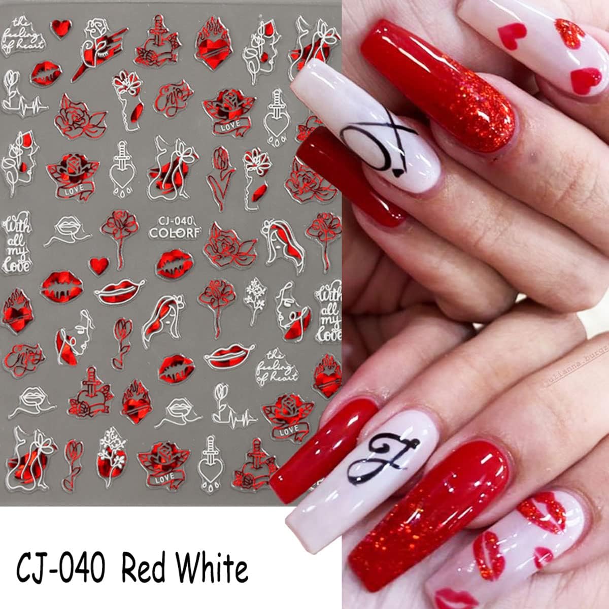 Valentines Day Nail Art Stickers Decal Red Heart Nail Sticker Valentines Nail Decorations 3D Self-Adhesive Red White Rose Love Heart Lip Nail Design for Acylic Nail Manicure Decor 6sheets