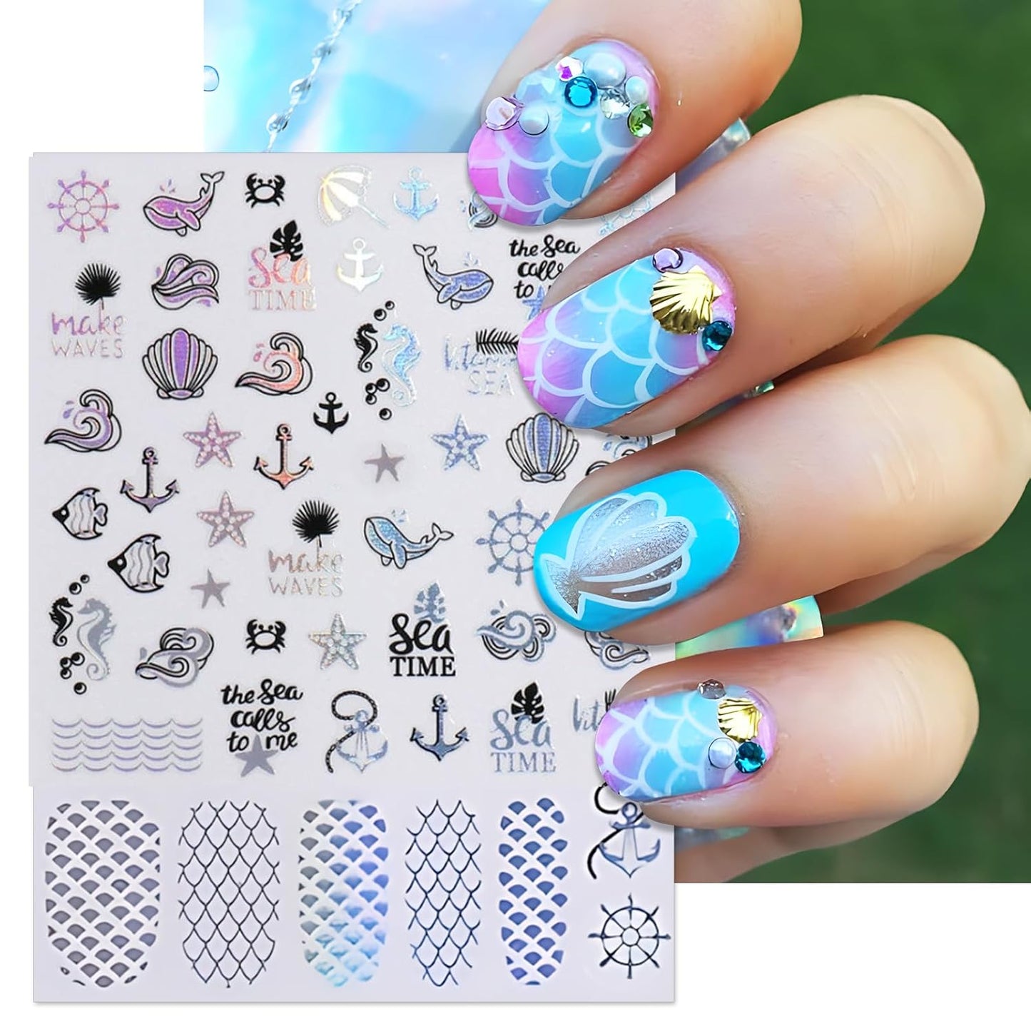 Summer Palm Tree Nail Art Stickers - Glitter Beach Mermaid Self-Adhesive Nail Decals for DIY Anchor Shell Coconut Tree Flamingo Manicure (6 Sheets)