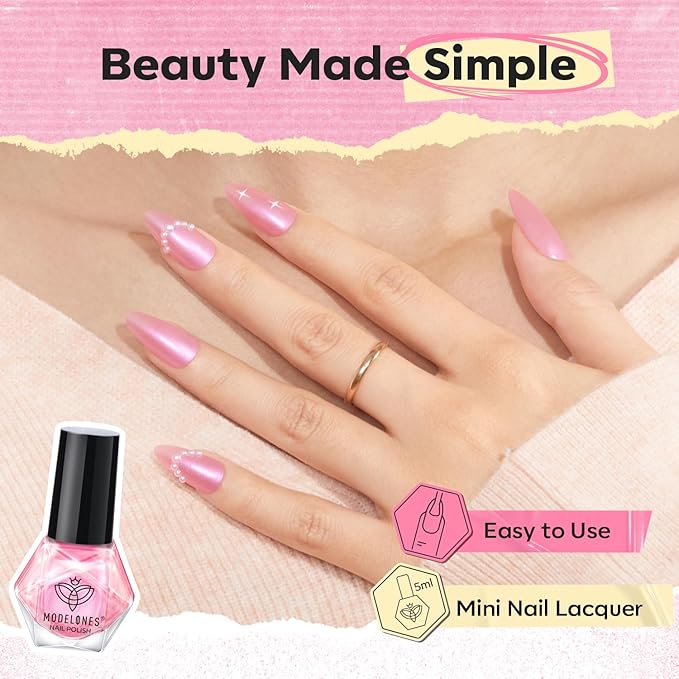 modelones Pink Nail Polish Set, 6 Colors White Gold Foil Glitter Silvery Pearl Shimmer Quick Dry Mini Starter, Long Lasting Art DIY Manicure Kit at Home for Women Girls Wedding Gifts