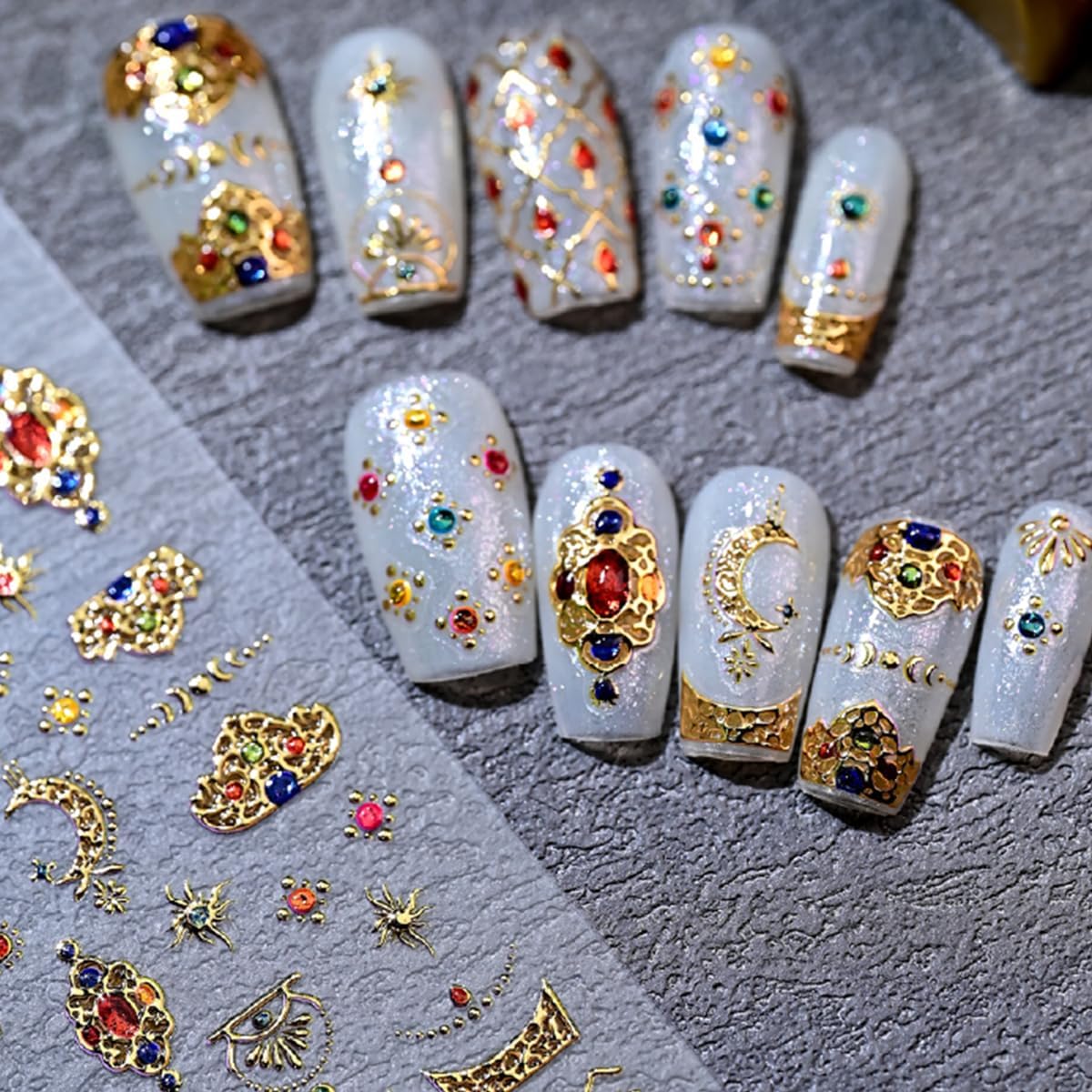 Gold Nail Stickers for Nail Art Self-Adhesive Bohemia Totem Vintage Luxury Nails Design 5D Nail Art Stickers Gold Colorful Diamond Nail Decals for Women Nail Supplies Accessories 1Sheets