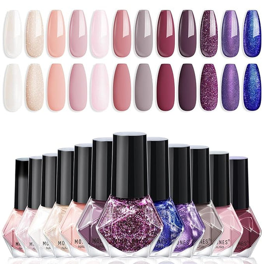 modelones Nail Polish Set 12 Colors Pearl White Nude Glitter Blue Pink Purple Quick Dry Mini Nail Lacquer Kit, Christmas Holiday Manicure Gifts for Women Girl Shimmer Home DIY Finger Toe Nail Art