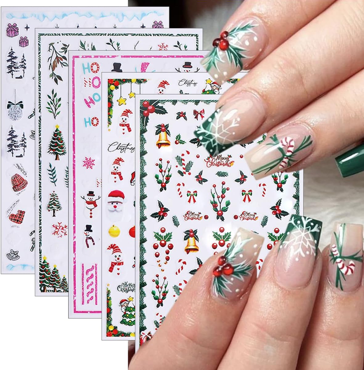 5 Sheets Christmas Nail Stickers 3D Self-Adhesive Dwarf Santa Claus Snowflake Xmas Trees Nail Decals Cute Elk Penguin Nails Design Stickers Winter Nails Supplies for Women Holiday DIY Manicure Decor