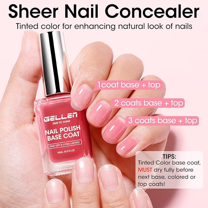 GELLEN 4‑in‑1 Clear Nail Polish Base Coat Sheer Tinted Red, Ridge Filler, Nail Strengthener & Concealer, Calcium Formula Strengthen Nails, Natural Color Enhance Natural Look, HEMA Free, Anti Yellow