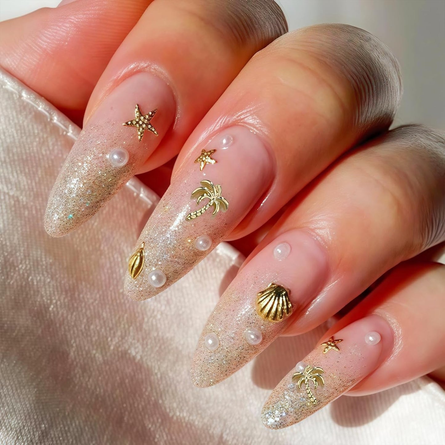 24Pcs Gold Starfish Seashell Charms for Nails Alloy Summer Beach Nail Rhinestones Ocean Theme Nail Art Jewelry Coconut Tree Starfish Pearl Nail Supplies for Nail Art Designs DIY Manicure Decoration
