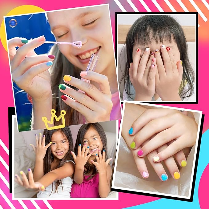 wakaniya Kids Nail Polish Set, Non-Toxic Peel-Off Quick Dry Mini Nail Polish for Girls 8 Colors Set with Gems Stickers