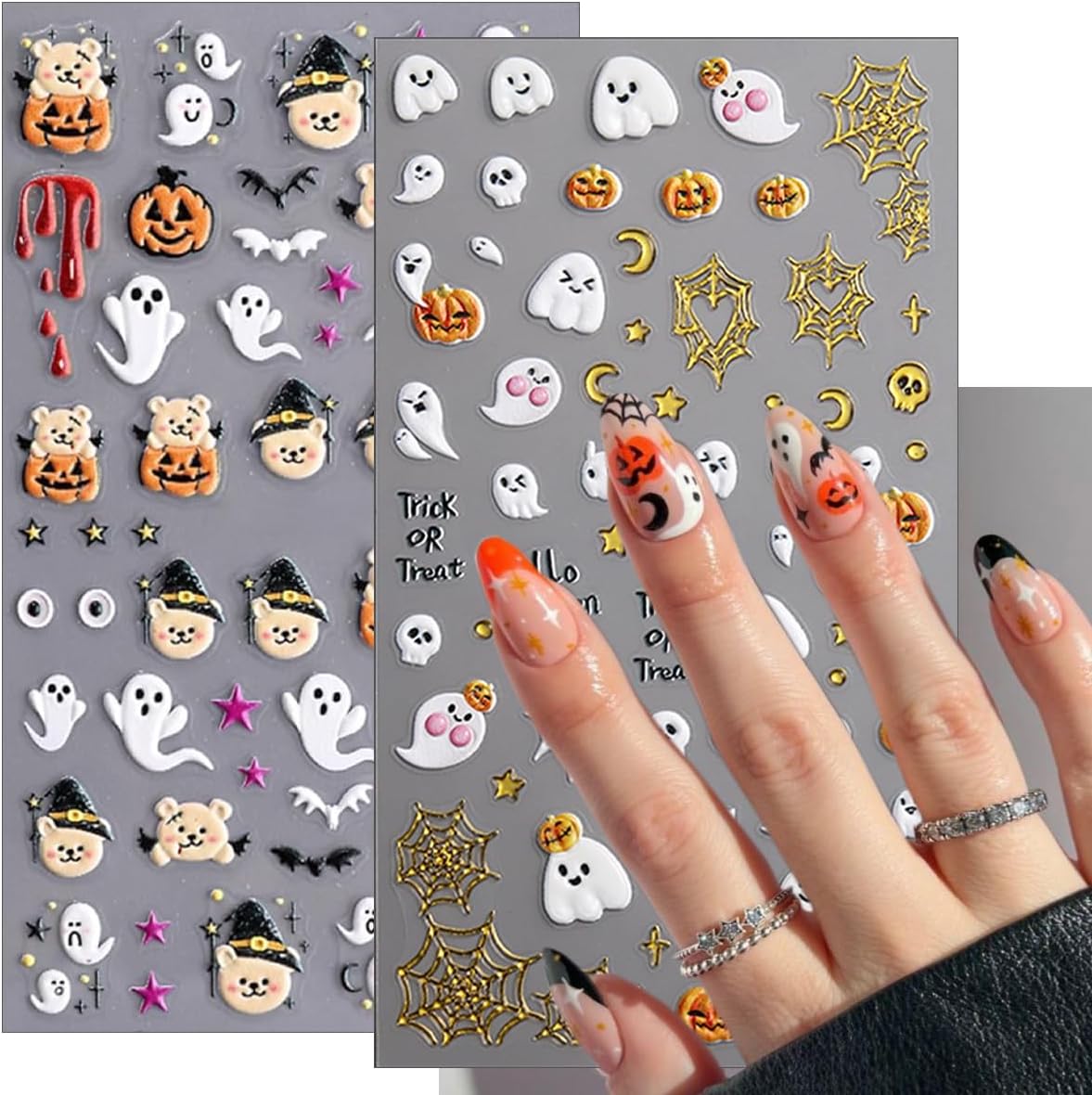 3 Sheets Halloween Nail Stickers for Nail Art, 5D Embossed Halloween Nail Art Stickers Cute Cat Ghost Nails Decals Self-Adhesive Gold Pumpkin Spider Web Nails Supplies for Women DIY Manicure Decor