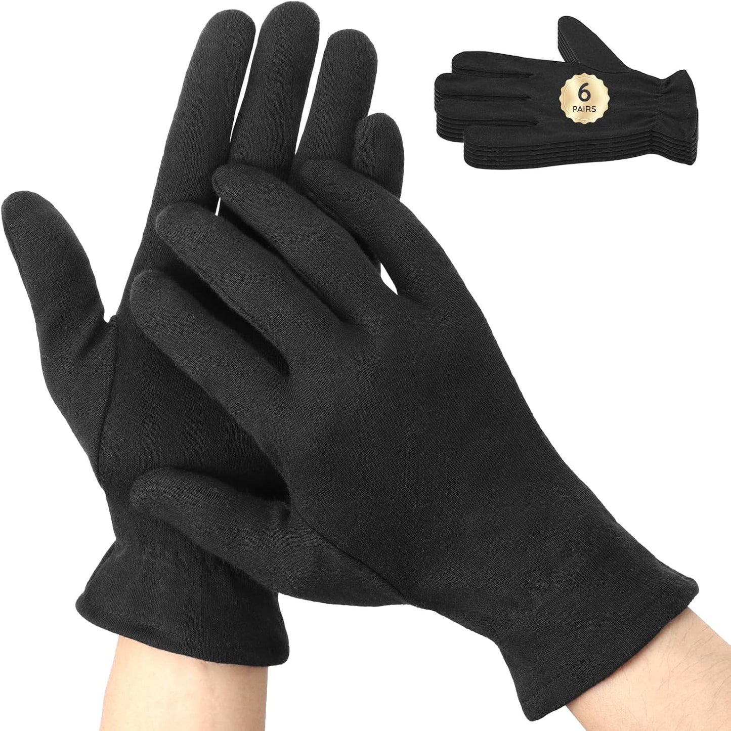 Segbeauty 12 Counts Elastic Hand Moisturizing Cotton Gloves Black for Dry Hands Overnight, 6 Pairs Lotion Sleep Gloves Cotton Glove Liners with Elastic Band, Driving Working Sleeping Glove At Home Spa