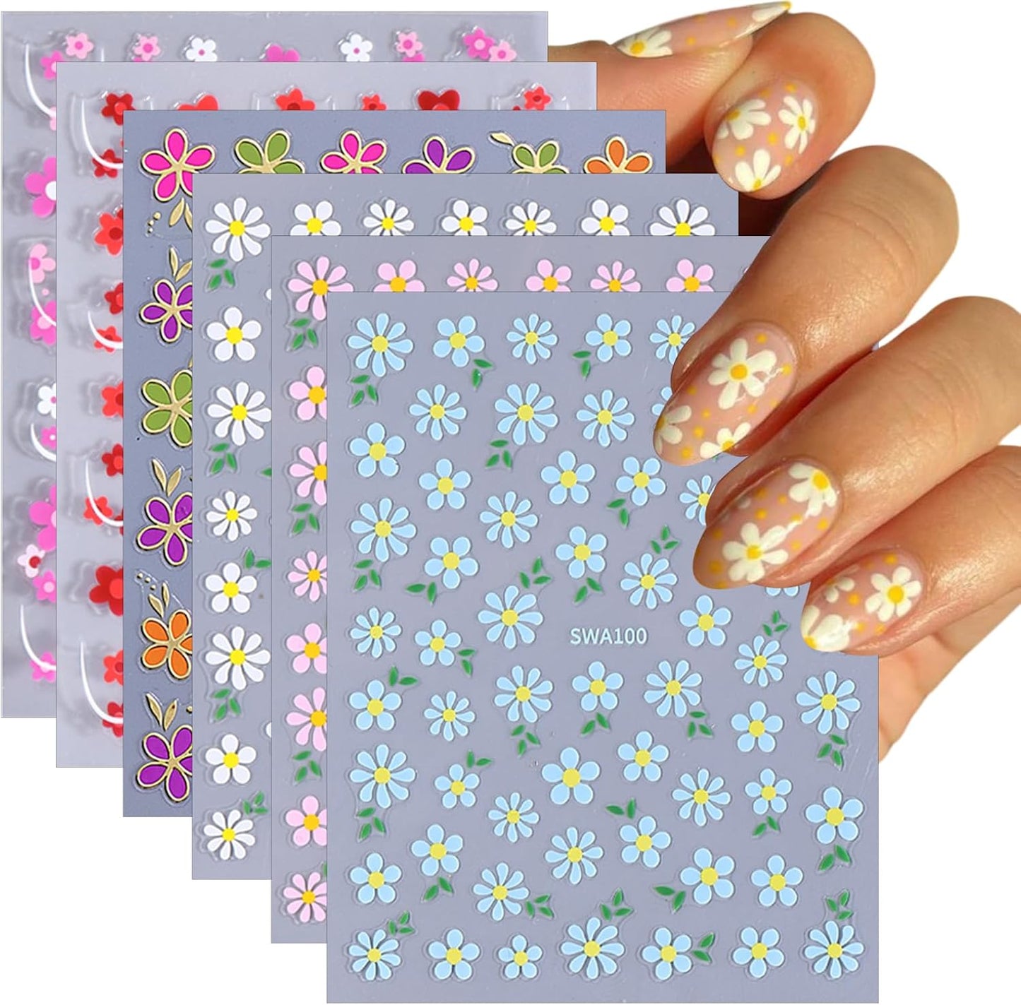 6 Sheets Flower Nail Stickers 3D Self-Adhesive Spring Floral Line Nail Decals for Acrylic Nails, Blue Pink White Flower Nail Art Stickers for Women DIY Nail Art Decoration Supplies