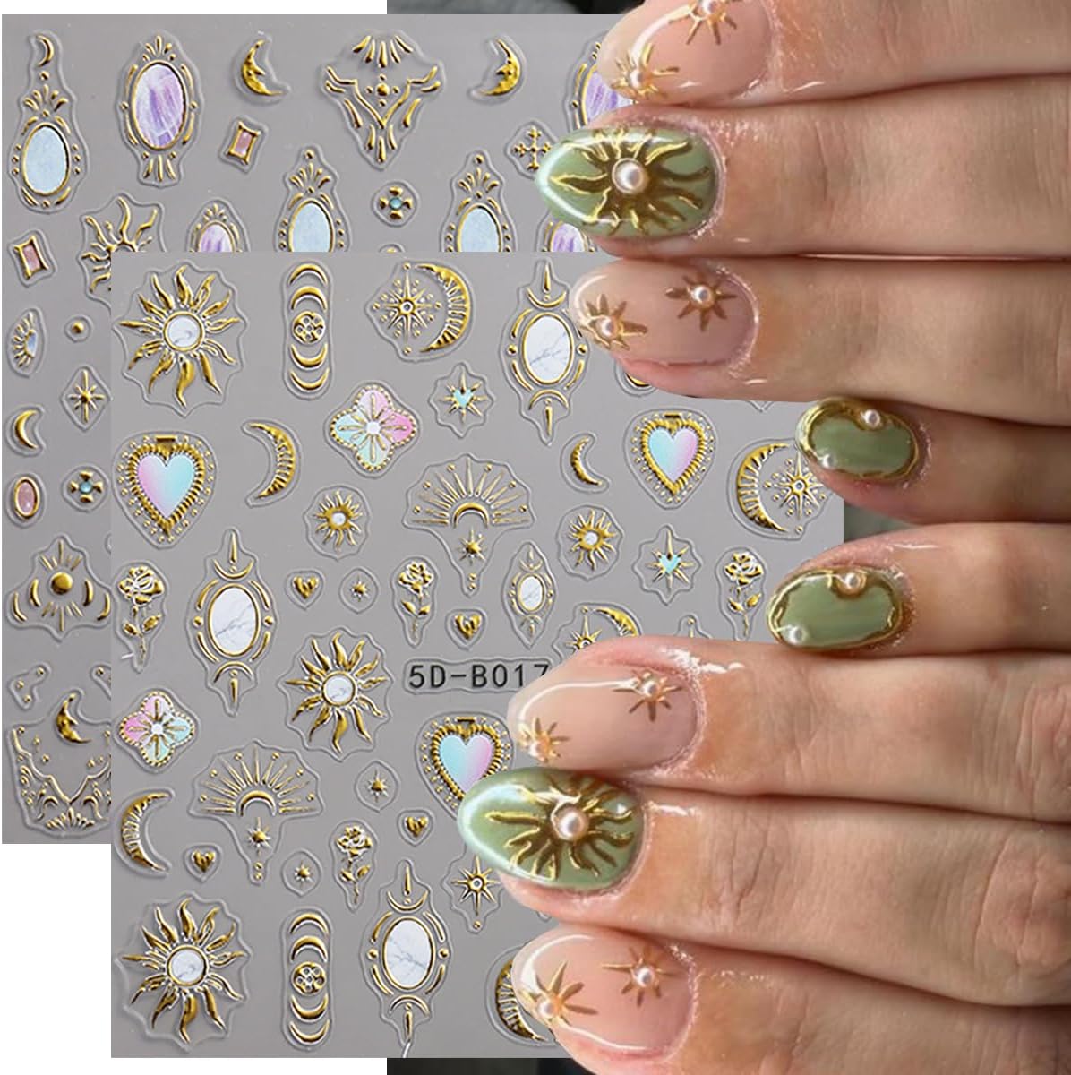 3 Sheets Bohemian Style Nail Stickers 5D Embossed Star Nail Art Stickers Self-Adhesive Heart Moon Sun Nail Decals Bohemia Metallic Nail Designs Accessories Stars Nail Decoration for Women Girls DIY
