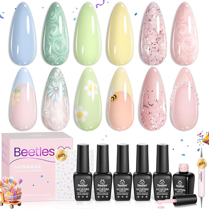 Beetles Pastel Gel Nail Polish - Spring Scenery By the Lake Soak Off UV LED Gel Polish, 6 Colors Pink Green Yellow Drawing Swirl Shell Thread Effect Nails DIY Manicure Gifts for Women