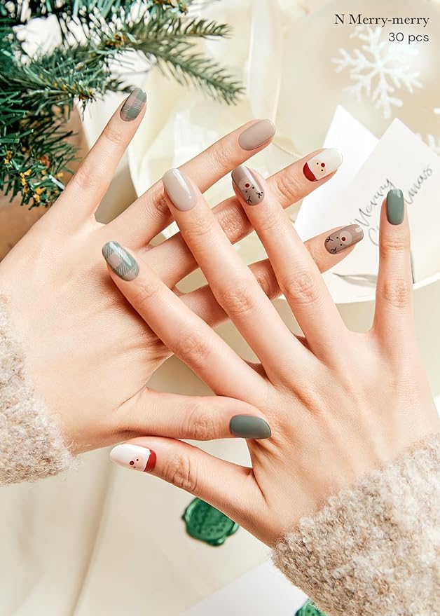 ohora Semi Cured Gel Nail Strips (N Merry-Merry) - Red/Green Works with Any UV/LED Lamps, Salon-Quality, Long Lasting, Easy to Apply & Remove - Includes 2 Prep Pads, Nail File & Wooden Stick