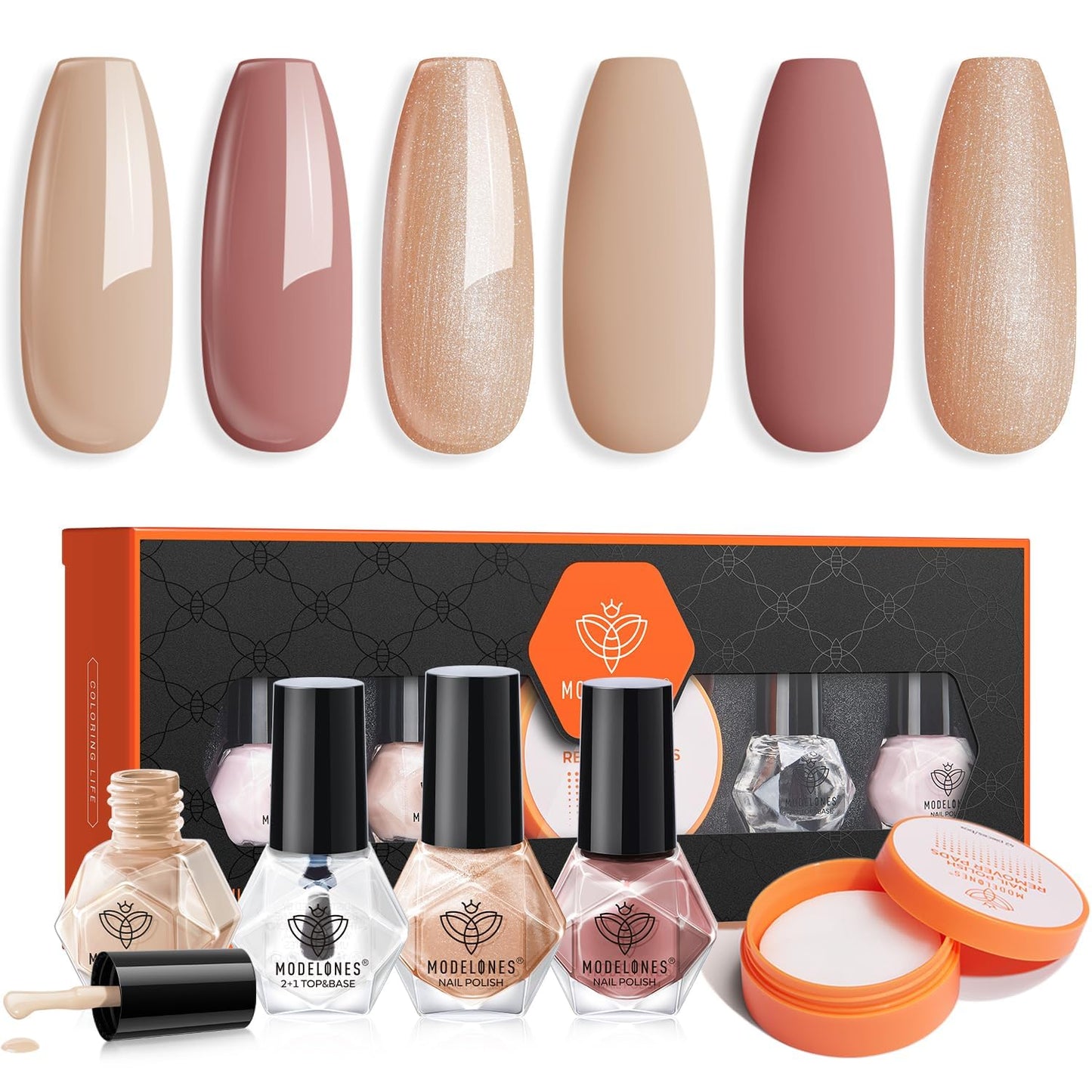 Modelones Nail Polish Set with Base & Top Coat and 42 Pcs Remover Pads, 3 Colors Champagne Glitter Quick Dry Nail Polish Mini Starter Kit Manicure DIY Nail Art Salon Home Gift For Women Girl