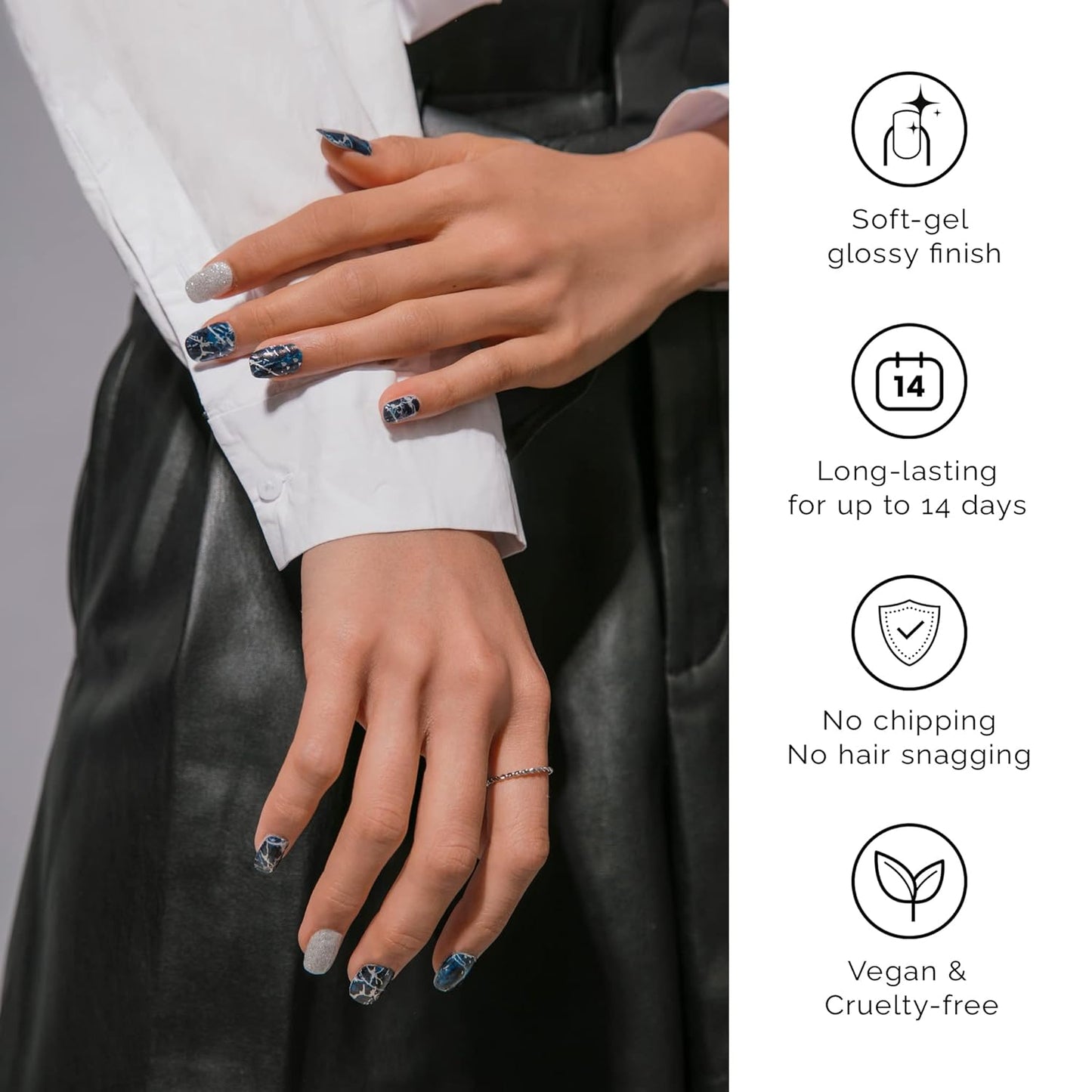 NAILOG Semi Cured Gel Nail Strips (20 Extra Long Polish Stickers/Wraps) │ Glossy & Long Lasting Soft Gel Finishing (Stormy Night)