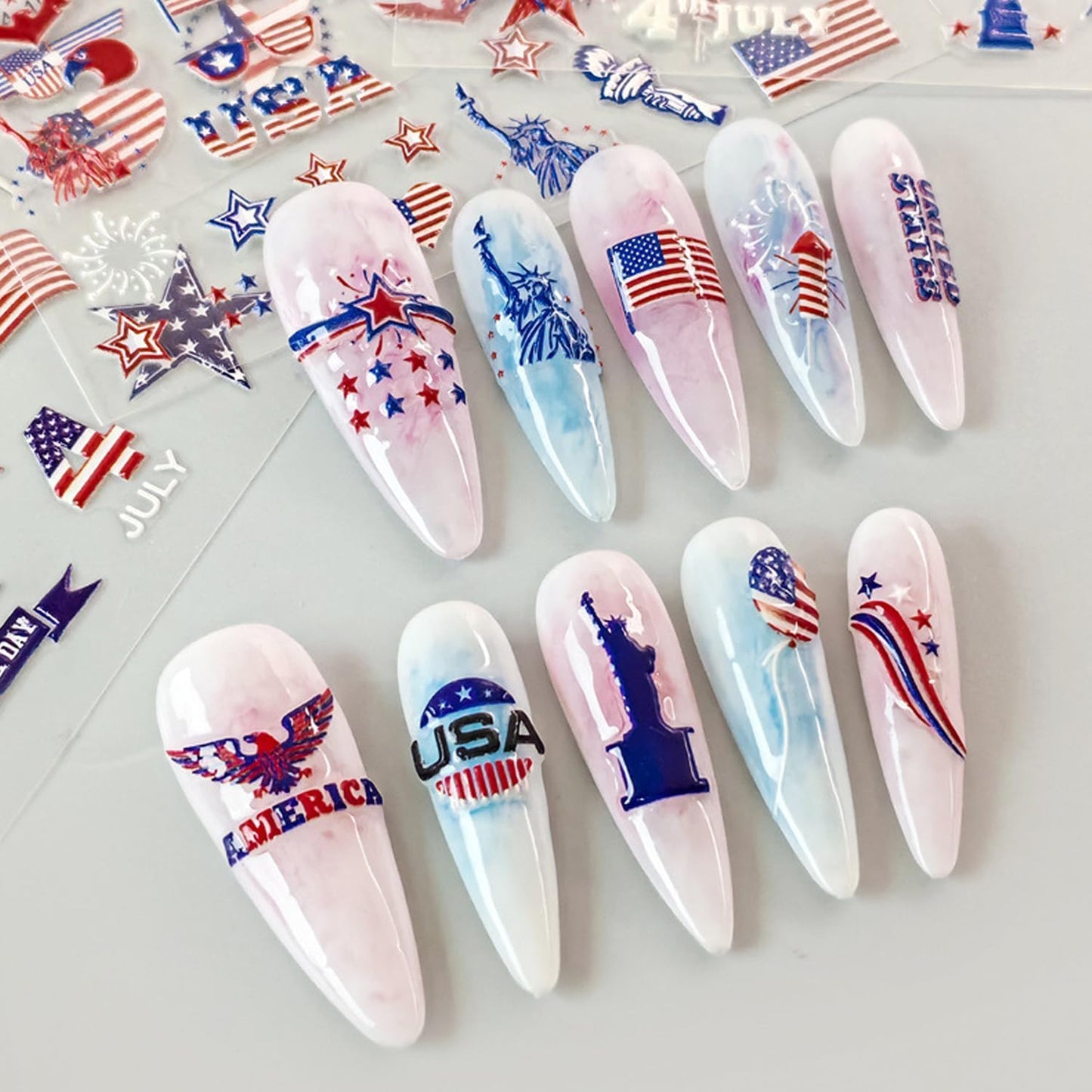 4th of July Nail Art Stickers Set 5D Embossed Red Blue USA Flag Nail Decals 4PCS Five-Pointed Star America UK Flags Design Independence Day Nail Adhesive Stickers for DIY Nail Art Decorations