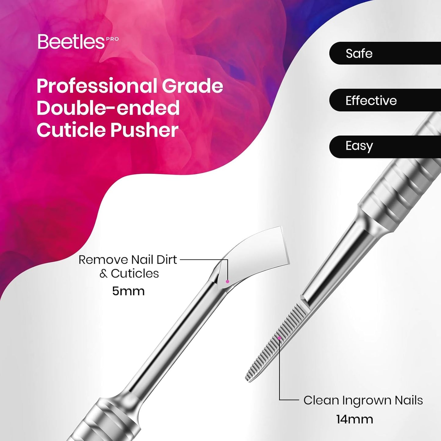 Beetles Dual-End Nail Pusher & Cuticle Cleaner - 14mm Serrated Edge & 5mm Curved Blade, Ergonomic Anti-Slip Handle, Professional Manicure Tool for Nail Care