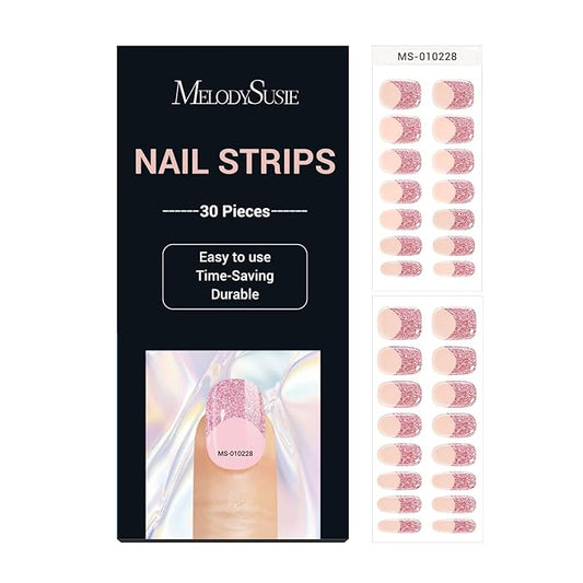 MelodySusie 30PCS Semi Cured Gel Nail Strips (Pink Glitter French Tips), Salon Quality, Long Lasting, Easy to Apply and Remove, Includes 2 Prep Pads, Nail File and Wooden Stick