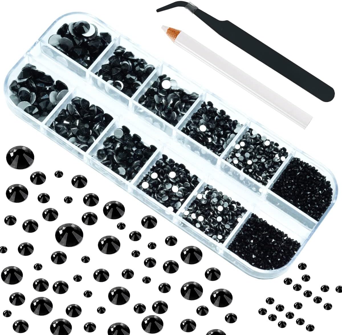 4010pcs Nail Art Rhinestones Black Flatback Rhinestones Nail Charms 6 Sizes (1.6-6.1 mm) Up to SS30 Glass Nail Stones Gems Jewels w Picking Pen, Tweezer for Manicure DIY Craft Eyes Face Makeup