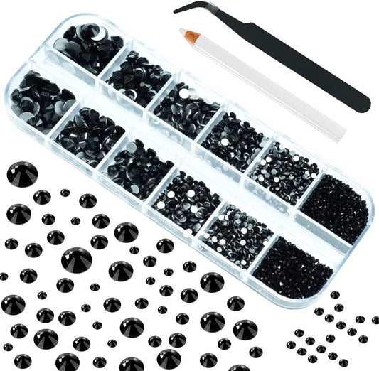 4010pcs Nail Art Rhinestones Black Flatback Rhinestones Nail Charms 6 Sizes (1.6-6.1 mm) Up to SS30 Glass Nail Stones Gems Jewels w Picking Pen, Tweezer for Manicure DIY Craft Eyes Face Makeup