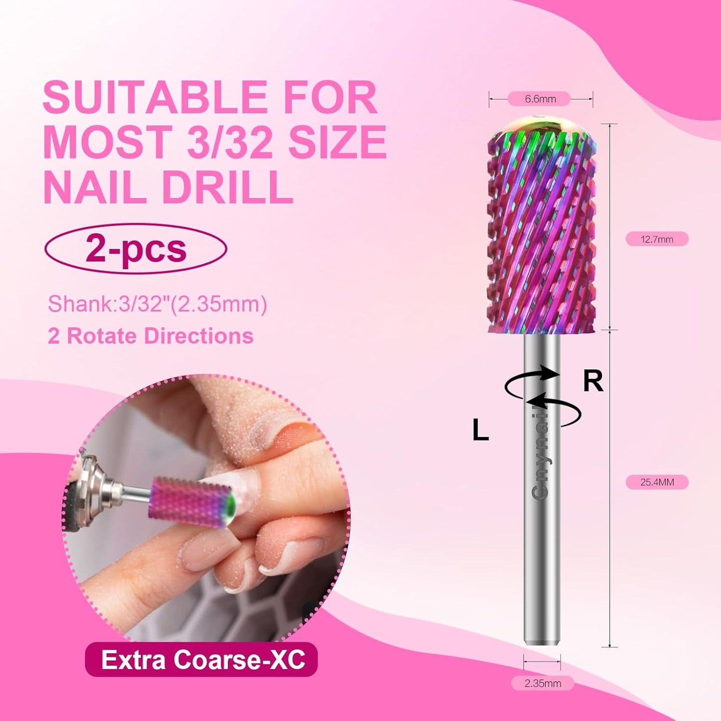 3/32" 2PCS Large Barrel Smooth Round Top Tungsten Carbide Nail Drill Bit Safety Bit for Gel & Acrylic Removal, 2-Way Rotating Efile Tip, Salon Electric File Accessory (XC Grit, Multicolor)