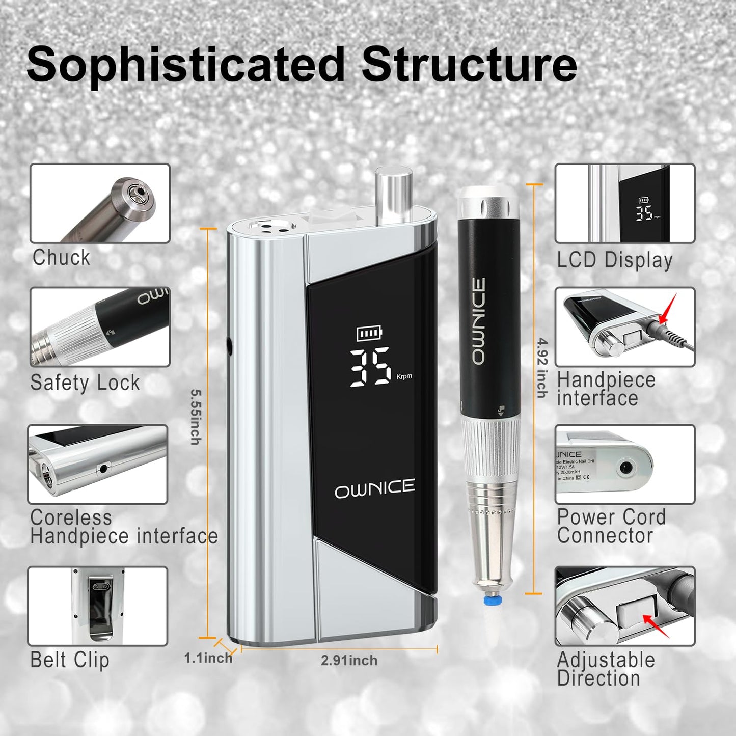 Electric Professional Nail Drill 35000RPM Cordless Portable Nail E-File Buffer Tools with Bits Perfect for Salon Manicure Pedicure Acrylic, Gel, Natural Nails(Sky Silver)