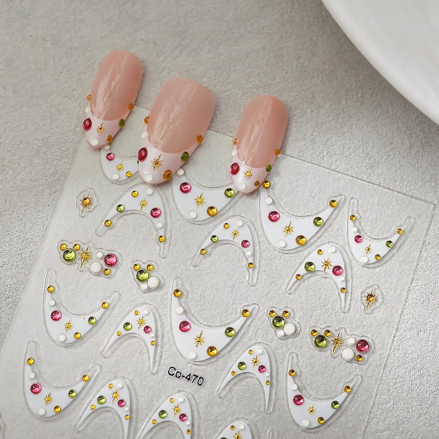 1 Sheets White French Tip Nail Decals for Nail Art 5d Star Diamond Nail Stickers Embossed French Tips Nail Art Stickers Self-Adhesive Colorful Rhinestones Stars Nail Design Sticker for Women