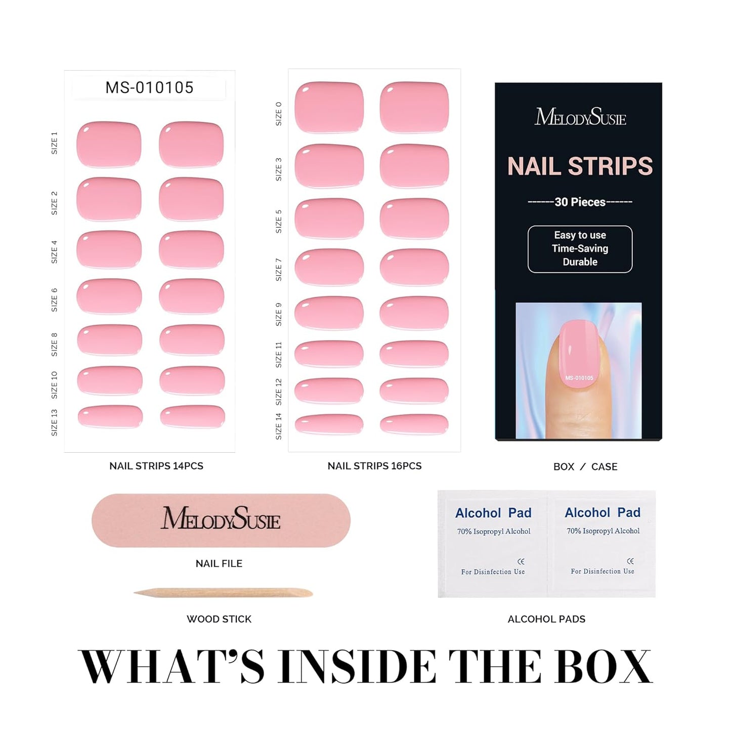 MelodySusie Semi Cured Gel Nail Strips, Candy Pink, Works with Nail Lamps, Salon Quality, Long Lasting, Easy to Apply, Includes 30Pcs, 2 Prep Pads, Nail File and Wooden Stick