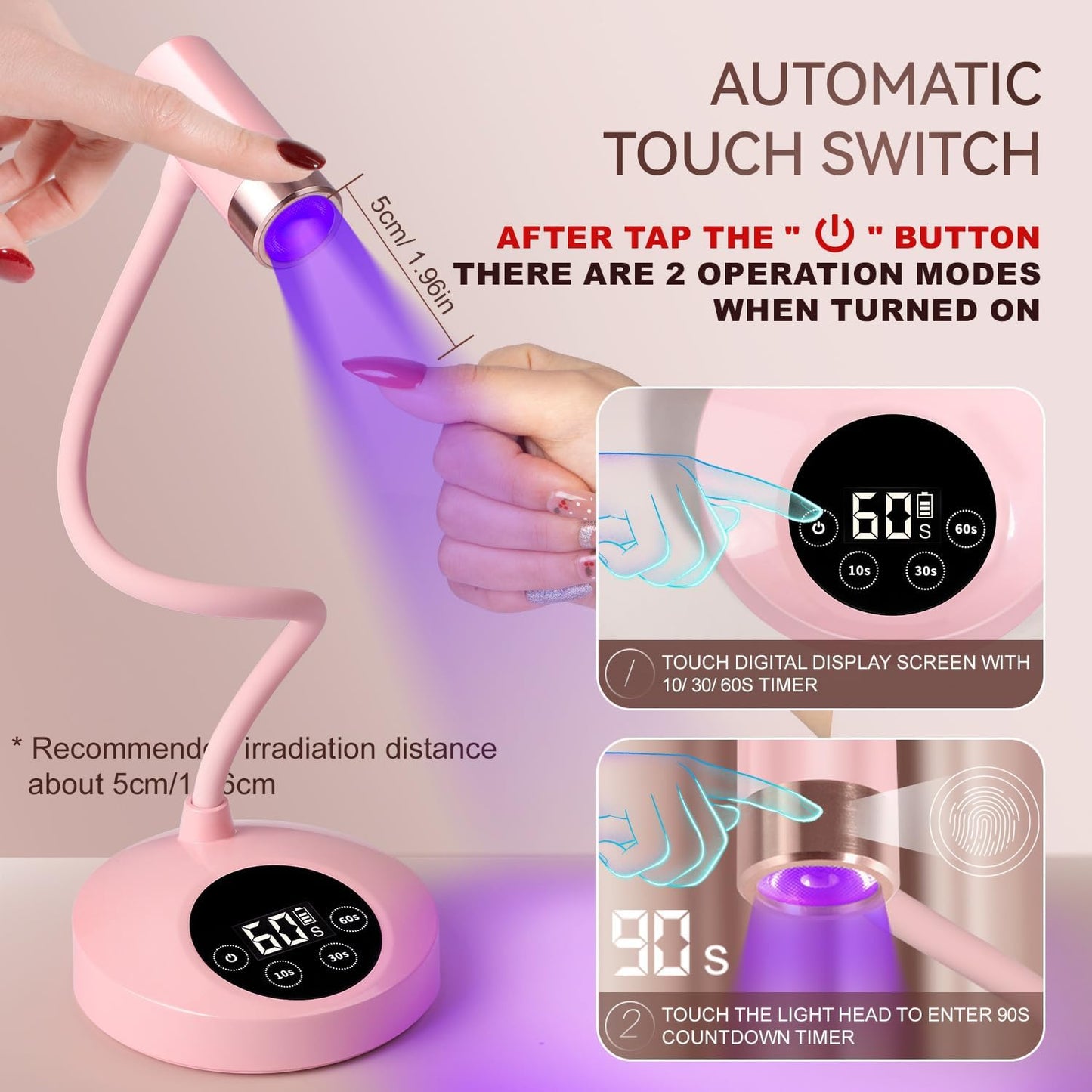 AORAEM UV LED Nail Lamp, Rechargeable Gooseneck Lamp for Gel Nails 12W Quick Dry LED Nail Light Nail Dryer with 4 Timers & Auto Sensor, Professional Flash Cure Light for Gel Nails Home DIY Pink