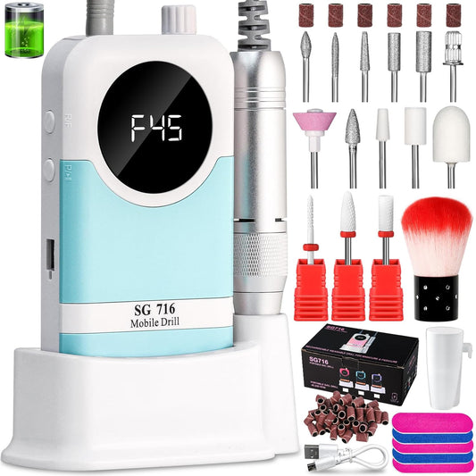 LIMEGIRL Professional Electric Nail Drill Kit 45000RPM Portable Cordless Toenail Cordless Toenail Machine with 14 Drill Bits and Base for Women (Blue)
