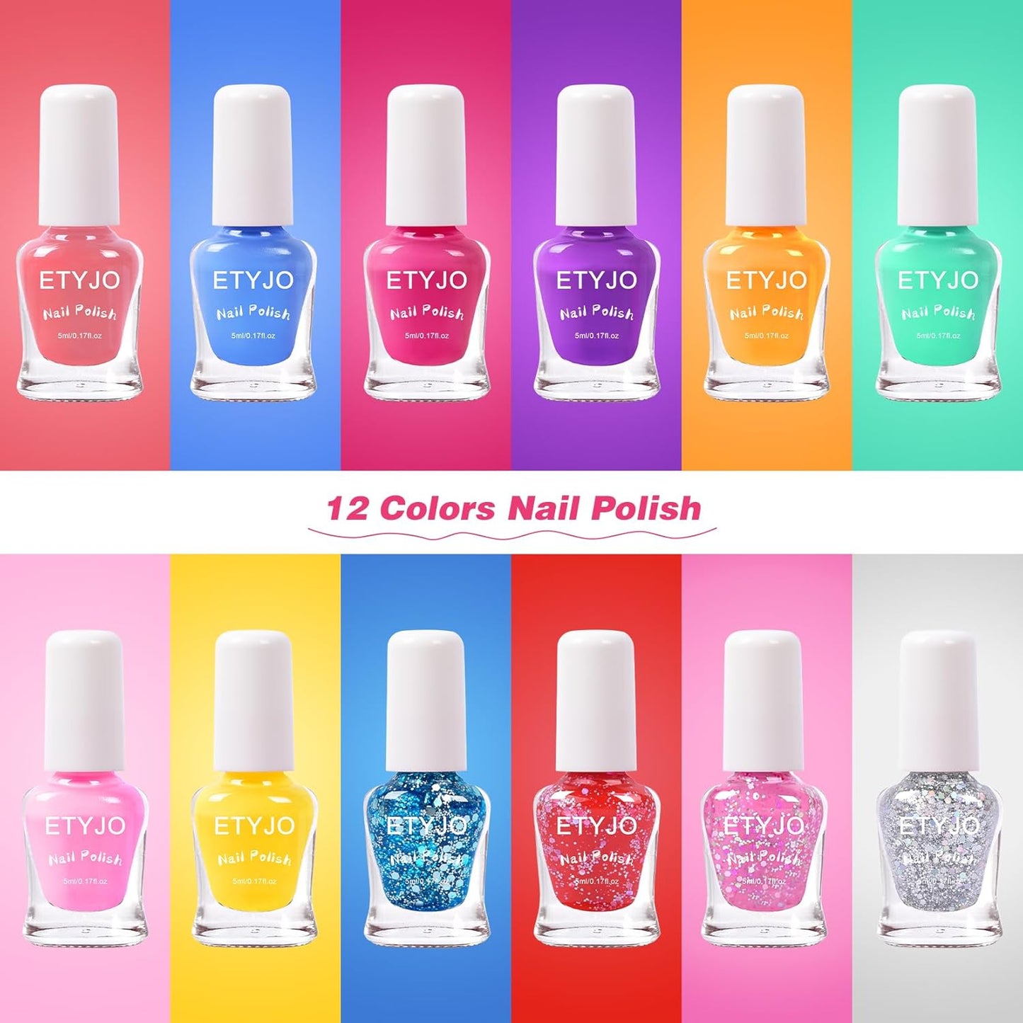 Kids Nail Polish Non-Toxic Nail Polishs 12 Colors Glitter Kids Nail Polish Set for Girls, Water-Based Peel-off Quick-Drying Nail Polish Toddler Perfect Birthday Gifts
